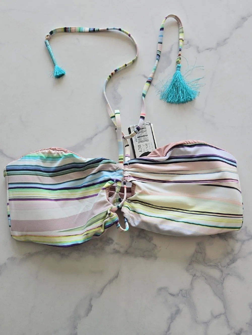 Bar III Aqua Multi Strappy Bandeau Halter Top Tassel Lace up Beach Size XL NWT